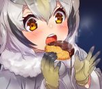  1girl blonde_hair blush buttons chocolate close-up coat commentary_request cookie eating eyebrows_visible_through_hair food fur_collar gloves grey_hair hair_between_eyes kemono_friends long_sleeves multicolored_hair northern_white-faced_owl_(kemono_friends) open_mouth short_hair solo steam tadano_magu white_coat white_hair yellow_eyes yellow_gloves 