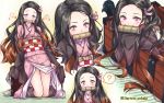  1girl ? asa_no_ha_(pattern) bamboo baretto_(firearms_1) bird bit_gag black_hair box brown_hair checkered checkered_obi crow flower forehead gag hair_ribbon haori japanese_clothes kamado_nezuko kimetsu_no_yaiba kimono kneeling long_hair long_sleeves looking_at_viewer multicolored_hair multiple_views obi off_shoulder pink_eyes pink_kimono ribbon sash sparrow spoken_question_mark tatami thighs twitter_username two-tone_hair wide_sleeves 