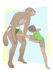  9x9 anthro ballbusting bottomwear clothed clothing cock_and_ball_torture control_bestow_therapy father father_and_child father_and_son genital_torture hi_res human jockstrap kick lutrine male mammal mustelid pain parent parent_and_child shirt shorts son topless topwear underwear 