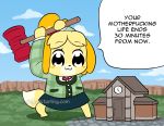  :3 abbystarling absurd_res animal_crossing anthro black_eyes bottomwear bow_tie canid canine canis clothed clothing day dialogue domestic_dog english_text female fluffy fluffy_tail fur hammer hi_res holding_object holding_weapon isabelle_(animal_crossing) mammal nintendo outside parody pop_team_epic skirt solo speech_bubble text tools url video_games watermark weapon yellow_body yellow_fur 