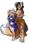  2019 4_toes 5_fingers anthro belladonna_van_eycker belly_dancing black_hair black_spots blue_eyes brown_body brown_fur canid canine canis clothed clothing dancing digital_media_(artwork) dipstick_tail domestic_dog duo eyebrows eyelashes female female/female fennec fingers fox fur furkinghell hair heterochromia hi_res hybrid instructing jewelry mammal midriff mink multicolored_tail mustelid musteline navel piercing rose_dandy-ba smile spots standing toes two_colored_tail white_hair yellow_eyes 