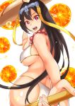  1girl absurdres ass bead_necklace beads bikini black_hair breasts fate/grand_order fate_(series) food fruit hair_between_eyes hair_ornament haneramu hat highres jewelry large_breasts long_hair looking_at_viewer looking_back necklace open_mouth orange orange_slice prayer_beads purple_eyes solo swimsuit white_bikini xuanzang_(fate/grand_order) 