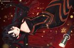  1girl :d absurdres arm_up black_bodysuit black_gloves black_hair black_ribbon blush bodysuit breasts brown_eyes cleavage cleavage_cutout collarbone copyright_name covered_navel fang fate/grand_order fate_(series) fengyue_jiang from_above gloves gradient_hair hair_ribbon highres horns katana light_particles long_hair looking_at_viewer lying medium_breasts multicolored_hair on_back open_mouth pentagram planted_sword planted_weapon red_hair ribbon salute sidelocks skin_fang skin_tight smile solo space_ishtar_(fate) sword two_side_up very_long_hair weapon 
