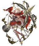  1girl :d blonde_hair bow_(weapon) bustier cloak crossbow dress full_body hair_ornament huge_weapon ji_no little_red_riding_hood_(sinoalice) long_hair looking_at_viewer official_art open_mouth orange_eyes red_dress sinoalice smile smoke solo thigh_strap torn_cloak torn_clothes transparent_background upper_teeth weapon 