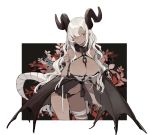  aiko_(kanl) bandaged_leg bandages bat_wings breasts chain cleavage dragon_horns dragon_tail hair_over_one_breast highres horns large_breasts leaning_forward lingerie long_hair negligee original slit_pupils tail underwear white_hair wings yellow_eyes 