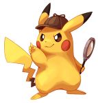  2019 3_toes 5_fingers absurd_res ambiguous_gender black_nose brown_eyes clothing deerstalker_hat detective_pikachu detective_pikachu_(video_game) dipstick_ears fingers gesture hat hat_only headgear headwear hi_res holding_object magnifying_glass mostly_nude multicolored_ears nintendo pikachu pointing pok&eacute;mon pok&eacute;mon_(species) red_cheeks simple_background smile solo splatterparrot standing toes video_games white_background yellow_body 