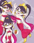  +_+ 1girl aori_(splatoon) bandeau bare_shoulders black_hair breasts cleavage cosplay domino_mask food french_fries gold_earrings harem_pants high_ponytail highres long_hair looking_at_viewer mask medium_breasts mole mole_under_eye multicolored_hair multiple_views okome_2g2g pants pointy_ears ponytail red_hair shantae_(character) shantae_(character)_(cosplay) shantae_(series) splatoon_(series) tentacle_hair tiara yellow_eyes 