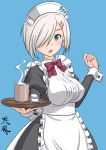  1girl alternate_costume apron black_dress blue_background blue_eyes bob_cut breasts character_name commentary_request cowboy_shot cup dress enmaided frilled_apron frills hair_ornament hair_over_one_eye hairclip hamakaze_(kantai_collection) highres kantai_collection large_breasts looking_at_viewer maid open_mouth short_hair silver_hair simple_background solo t2r tray white_apron yunomi 