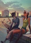  2019 5_fingers anthro bottomwear building canid canine city clothing cloud collaboration day detailed_background digital_media_(artwork) evening eyebrows fingers fox fur group hair hi_res male mammal open_mouth orphen-sirius outside pants partially_submerged playing red_eyes shirt shorts signature sitting sky smile swimwear teeth tongue topwear water wildering 