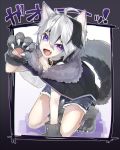  1girl ahoge all_fours androgynous animal_ears black_hair capelet claw_pose collar commentary denim denim_shorts dog_ears dog_tail fang flower_(vocaloid) fur-trimmed_capelet fur_trim gloves halloween hand_up looking_at_viewer multicolored_hair open_mouth paw_gloves paws purple_eyes reirou_(chokoonnpu) shorts smile solo streaked_hair symbol_commentary tail v_flower_(vocaloid4) vocaloid white_hair 
