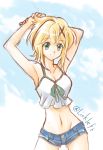  1girl akatsuki_kirika blonde_hair breasts cleavage closed_mouth commentary_request green_eyes groin hair_ornament link_(aa30) looking_at_viewer medium_hair senki_zesshou_symphogear smile solo x_hair_ornament 