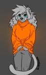  2019 5_fingers anthro black_nose blue_eyes breasts clothed clothing digital_media_(artwork) domestic_cat evie_(zummeng) felid feline felis female fingers fur grey_body grey_fur hi_res looking_at_viewer mammal simple_background smile solo standing zummeng 