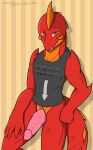  absurd_res bottomless clothed clothing digital_media_(artwork) dragon drake_(disambiguation) erection hi_res looking_at_viewer male meme novah_ikaro_(artist) novah_ikaro_(character) orange_body orange_scales penis red_body red_scales scales shirt smile solo topwear 