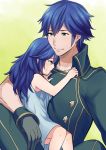  1boy 1girl ameno_(a_meno0) black_gloves blue_dress blue_eyes blue_hair blush buttons chrom_(fire_emblem) closed_mouth collarbone commentary_request crying crying_with_eyes_open dress eyebrows_visible_through_hair father_and_daughter fire_emblem fire_emblem_awakening gloves hair_between_eyes hug long_hair looking_at_another lucina_(fire_emblem) open_eyes short_hair sleeveless smile tears younger 