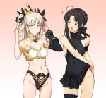  2girls :&lt; ;d ahoge armlet arms_up artoria_pendragon_(all) bangs bare_shoulders bikini black_bikini_bottom black_bow black_dress blonde_hair blush bow breasts closed_mouth collar collarbone cosplay cosplay_request cowboy_shot detached_sleeves dress dress_lift fate/grand_order fate_(series) frills gradient gradient_background groin hair_bow heart ishtar_(fate/grand_order) ishtar_(fate/grand_order)_(cosplay) k52 leg_garter lifted_by_self long_hair long_sleeves looking_up mismatched_bikini multiple_girls navel no_panties one_eye_closed open_mouth parted_bangs pink_background red_eyes saber_alter saber_alter_(cosplay) sidelocks single_detached_sleeve sleeveless sleeveless_dress small_breasts smile stomach strapless strapless_bikini swimsuit tiara two_side_up v-shaped_eyebrows white_bikini_top yellow_eyes 