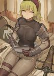  1girl arm_guards armor bangs bed bed_sheet blonde_hair breastplate breasts brown_pants closed_mouth covered_navel hairband highres indoors long_hair looking_at_viewer on_bed original pants pauldrons pillow red_hairband sheath sheathed shield shirt shoulder_armor silver_eyes sitting sitting_on_bed small_breasts smile solo sword taut_clothes taut_shirt thigh_strap undressing vambraces virgosdf weapon 