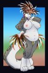  2019 anthro belly big_belly big_breasts blizzie breasts clothed clothing feathered_headdress feathers felid female headdress headgear headwear hi_res leopard mammal overweight overweight_female pantherine simple_background snow_leopard topless touchofsnow 