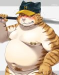  2019 anthro barely_visible_genitalia barely_visible_penis belly blush clothing eyes_closed felid hat headgear headwear hi_res humanoid_hands male mammal moobs nikiciy overweight overweight_male pantherine penis simple_background solo tiger white_background 