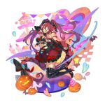  1girl bare_shoulders bat_wings black_gloves blush boots breasts character_doll cleavage dragalia_lost dragon_girl elbow_gloves euden fang fishnets gloves hair_between_eyes hair_ornament halloween halloween_costume heart high_heel_boots high_heels horns jack-o&#039;-lantern large_breasts long_hair looking_at_viewer mym_(dragalia_lost) non-web_source official_art open_mouth orange_eyes red_hair ribbon saitou_naoki skirt smile solo tail thigh_boots thighhighs tiara window wings 