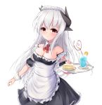  1girl apron bangs bare_shoulders black_dress blush breasts cake cleavage commentary_request dragon_horns dress drinking_straw eyebrows_visible_through_hair fate/grand_order fate_(series) food fruit highres horns kiyohime_(fate/grand_order) large_breasts long_hair looking_at_viewer maid maid_headdress simple_background smile solo strawberry taikoi7 white_apron white_background white_hair yellow_eyes 