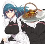  1girl alternate_costume apron basket bespectacled black_dress blue_eyes blue_hair blush breasts byleth_(fire_emblem) byleth_(fire_emblem)_(female) cup dress enmaided fire_emblem fire_emblem:_three_houses frilled_apron frilled_dress frills glasses highres holding holding_tray large_breasts long_hair long_sleeves looking_at_viewer maid maid_headdress parted_lips red-framed_eyewear saucer simple_background skirt_hold smile solo tea teacup tray underbust white_apron white_background wrist_cuffs yappen 