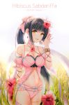  1girl :d babydoll black_hair blush breasts byn6 choker cleavage cowboy_shot detached_sleeves earrings flower hair_flower hair_ornament hand_up hibiscus highres jewelry long_hair looking_at_viewer navel open_mouth original panties pink_babydoll pink_panties ponytail smile solo stomach thighlet underwear yellow_eyes 