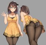  1girl ass bare_arms bare_shoulders black_panties blue_eyes breasts brown_hair brown_legwear cleavage collarbone dress from_behind grey_background hair_ribbon hand_up kureha_(ironika) leaning_forward long_hair looking_at_viewer medium_breasts multiple_views orange_dress original panties panties_under_pantyhose pantyhose polka_dot ribbon sidelocks simple_background sleeveless sleeveless_dress smile spaghetti_strap standing thighband_pantyhose tsubasa_(kureha) underwear 