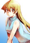  1girl bangs blonde_hair blue_background blue_sweater blush casual closed_mouth floating_hair gradient gradient_background hair_between_eyes highres long_hair orange_eyes rourou_ill shiny shiny_hair shiny_skin smile solo straight_hair sweater tenjouin_asuka upper_body very_long_hair vest white_background yuu-gi-ou yuu-gi-ou_gx 