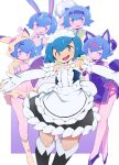  1girl :3 :d alternate_costume animal_ears bikini black_legwear blue_eyes blue_footwear blue_hair breasts bunny_ears cat_ears cheerleader china_dress chinese_clothes cleavage_cutout closed_mouth detached_collar dress enmaided eyebrows_visible_through_hair gloves hair_ornament hairclip highres looking_at_viewer maid maid_headdress medium_breasts navel open_mouth outstretched_arms pikachu_costume pokemon pokemon_(game) pokemon_sm pom_poms purple_dress short_hair simple_background smile suiren_(pokemon) swimsuit takagirock thighhighs white_background white_bikini white_gloves yellow_legwear 