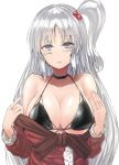  1girl bangs bare_shoulders bikini bikini_under_clothes black_bikini black_choker blush breasts choker cleavage collarbone commentary_request dress eyebrows_visible_through_hair hair_bobbles hair_ornament large_breasts long_hair long_sleeves looking_at_viewer off_shoulder one_side_up parted_lips red_dress shinki silver_hair simple_background solo swimsuit touhou touhou_(pc-98) undressing upper_body very_long_hair white_background y2 