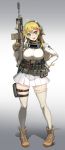  1girl :d absurdres assault_rifle battlefield_(series) battlefield_4 beige_legwear belt blonde_hair blue_eyes blush boots breasts full_body gloves gun hair_between_eyes hair_ornament hand_on_hip headset highres holding holding_gun holding_weapon long_hair looking_at_viewer ookuma_(nitroplus) open_mouth pleated_skirt pouch rifle skirt smile solo thigh_strap thighhighs weapon 