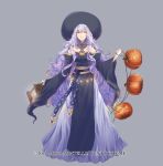  1girl absurdres deirdre_(fire_emblem) dress fire_emblem fire_emblem:_genealogy_of_the_holy_war full_body halloween_costume hat highres holding jack-o&#039;-lantern lantern lithety long_hair long_sleeves parted_lips purple_eyes purple_hair solo wide_sleeves witch_hat 