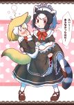  2girls alternate_costume animal_ears apron black_footwear black_hair blonde_hair blush bow bowtie brown_eyes carrying closed_eyes commentary_request covering_face dress embarrassed enmaided extra_ears eyebrows_visible_through_hair fennec_(kemono_friends) fox_ears fox_tail frilled_dress frills full_body furrowed_eyebrows hands_on_own_face heart heart_background highres kemono_friends long_dress long_sleeves maid maid_headdress medium_hair multicolored_hair multiple_girls open_mouth princess_carry raccoon_ears raccoon_tail rakugakiraid shoes sidelocks socks striped striped_tail tail translation_request waist_apron white_hair white_legwear 