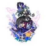  1girl animal_print bat blue_eyes candle clothing_request dark_green_hair dragalia_lost dress green_hair halloween halloween_costume hat jack-o&#039;-lantern long_hair looking_at_viewer navel non-web_source odetta_(dragalia_lost) official_art saitou_naoki see-through smile solo spider_print spider_web_print stairs transparent_background witch_hat 