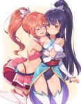  2girls ;d absurdres amatsuki_meguru angel_rose angel_sapphire bare_shoulders black_hair blue_eyes blush boots breasts collarbone covered_navel hand_on_another&#039;s_shoulder highres hug japanese_clothes kisaragi_sumire leotard long_hair magical_girl michairu mole mole_under_eye multiple_girls navel obi one_eye_closed open_mouth pink_skirt red_eyes red_hair red_skirt sash skirt smile thigh_boots thighhighs twin_angel twin_angel_break very_long_hair white_footwear yellow_background 