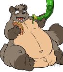  2019 absurd_res anthro balls canid canine food hi_res male mammal obese overweight penis raccoon_dog simple_background sitting solo tanuki tiri_mama white_background 