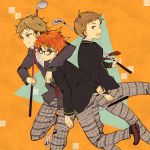  3boys :d arm_around_shoulder black-framed_eyewear brown_footwear glasses golf_club hatohara_robato holding_golf_club male_focus multiple_boys nakata_tomoya necktie open_mouth orange_background orange_hair osanai_rion pants plaid plaid_pants red_neckwear robot_x_laserbeam school_uniform silver_eyes simple_background smile striped striped_neckwear yukino_(pixiv) 