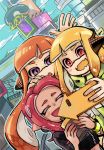  3girls cellphone city closed_eyes cup fangs inkling long_hair multiple_girls octoling open_mouth orange_hair phone pink_hair pointy_ears purple_eyes self_shot smartphone smile splatoon_(series) splatoon_2 squidbeak_splatoon tentacle_hair wanoka 