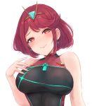  1girl bangs bare_shoulders black_swimsuit blush breasts closed_mouth collarbone commentary competition_swimsuit earrings gem hand_on_own_chest head_tilt homura_(xenoblade_2) impossible_clothes impossible_swimsuit jewelry large_breasts leonmandala looking_at_viewer mixed-language_commentary one-piece_swimsuit red_eyes red_hair short_hair simple_background smile solo swept_bangs swimsuit tiara upper_body white_background xenoblade_(series) xenoblade_2 