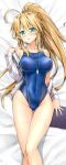  1girl ahoge artoria_pendragon_(all) artoria_pendragon_(lancer) ass_visible_through_thighs blonde_hair blush breasts competition_swimsuit covered_navel fate/grand_order fate_(series) green_eyes highres jeanne_d&#039;arc_(fate)_(all) jeanne_d&#039;arc_(swimsuit_archer) kotatsu_(kotatsu358) large_breasts looking_at_viewer lying on_side one-piece_swimsuit ponytail solo swimsuit swimsuit_under_clothes thigh_gap weapon whistle whistle_around_neck 