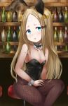  1girl abigail_williams_(fate/grand_order) alcohol animal_ears bangs bare_shoulders blonde_hair blue_eyes bow breasts bunny_ears commentary_request covered_navel fate/grand_order fate_(series) fishnet_legwear fishnets hair_bow highres long_hair looking_at_viewer orange_bow pantyhose parted_bangs parusu_(ehyfhugj) small_breasts solo 