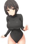  1girl arm_at_side ass_visible_through_thighs bangs bare_hips black_hair black_leotard blush breasts closed_mouth commentary_request covered_navel cowboy_shot eyebrows_visible_through_hair groin highleg highleg_leotard idolmaster idolmaster_cinderella_girls impossible_clothes impossible_leotard large_breasts leotard long_sleeves looking_at_viewer pataniito smile solo takafuji_kako turtleneck_leotard yellow_eyes 
