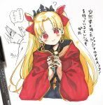  1girl bangs black_dress blonde_hair blush character_request cloak closed_mouth commentary_request dress earrings ereshkigal_(fate/grand_order) fate/grand_order fate_(series) hair_ribbon hands_up head_tilt highres holding infinity jewelry long_hair looking_at_viewer parted_bangs parted_lips photo profile red_cloak red_eyes red_ribbon ribbon signature skull smile sofra tiara traditional_media translation_request two_side_up very_long_hair white_background 
