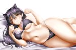  1girl absurdres alfred_cullado animal_ears bangs banned_artist barefoot bed_sheet black_bra black_hair black_panties blake_belladonna bow bow_panties bra breasts cat_ears cleavage closed_mouth eyebrows_visible_through_hair groin hair_between_eyes highres huge_filesize large_breasts lingerie long_hair looking_at_viewer lying navel on_side panties pillow rwby shiny shiny_hair smile solo transparent_background underboob underwear underwear_only very_long_hair white_bow yellow_eyes 