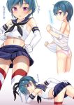  1girl ass_visible_through_thighs black_panties blue_hair blue_skirt blush changing_clothes cosplay elbow_gloves eyebrows_visible_through_hair gloves hairband hand_on_ass highleg highleg_panties highres midriff minami_(niiya) navel niiya original panties panty_straps petite pink_panties pleated_skirt purple_eyes sailor_collar shimakaze_(kantai_collection) shimakaze_(kantai_collection)_(cosplay) short_hair simple_background skirt striped striped_legwear thighhighs translation_request underwear white_gloves 