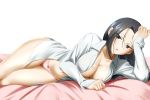  1girl absurdres alfred_cullado alternate_hairstyle areolae banned_artist bed_sheet black_eyes black_hair boku_no_hero_academia bow bow_panties breasts cleavage collared_shirt dress_shirt hair_between_eyes hair_down highres long_hair long_sleeves looking_at_viewer lying medium_breasts navel on_side open_mouth panties pink_panties red_bow shiny shiny_hair shirt solo transparent_background underwear wing_collar yaoyorozu_momo 