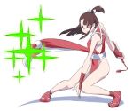  1girl brown_hair commentary_request cosplay determined dress eyebrows_visible_through_hair fan fatal_fury kagari_atsuko little_witch_academia no_panties paper_fan ponytail pose red_eyes satochi_(twitter) shiranui_mai shiranui_mai_(cosplay) sparkle white_background 