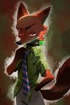  abstract_background anthro black_nose bottomwear canid canine cheek_tuft clothing collar dipstick_ears disney face_tuft fluffy fluffy_tail fox fur green_kco hand_in_pocket light lighting looking_at_viewer mammal multicolored_ears necktie nick_wilde orange_body orange_fur pants pockets red_eyes red_fox shirt shock_collar solo topwear tuft zootopia 