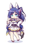  1girl animal_ear_fluff animal_ears azur_lane bangs black_footwear black_sash blue_eyes blush breasts chibi cleavage commentary_request detached_sleeves fan fox_ears full_body highres holding holding_fan japanese_clothes jintsuu_(azur_lane) kashimu long_hair long_sleeves looking_at_viewer side_ponytail simple_background smile solo tail wide_sleeves 