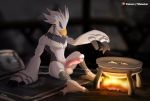  2019 absurd_res anthro avian breath_of_the_wild cooking detailed_background feathers hi_res humanoid_penis male nintendo nude penis rito solo teba_(tloz) the_legend_of_zelda twstacker video_games white_body white_feathers 